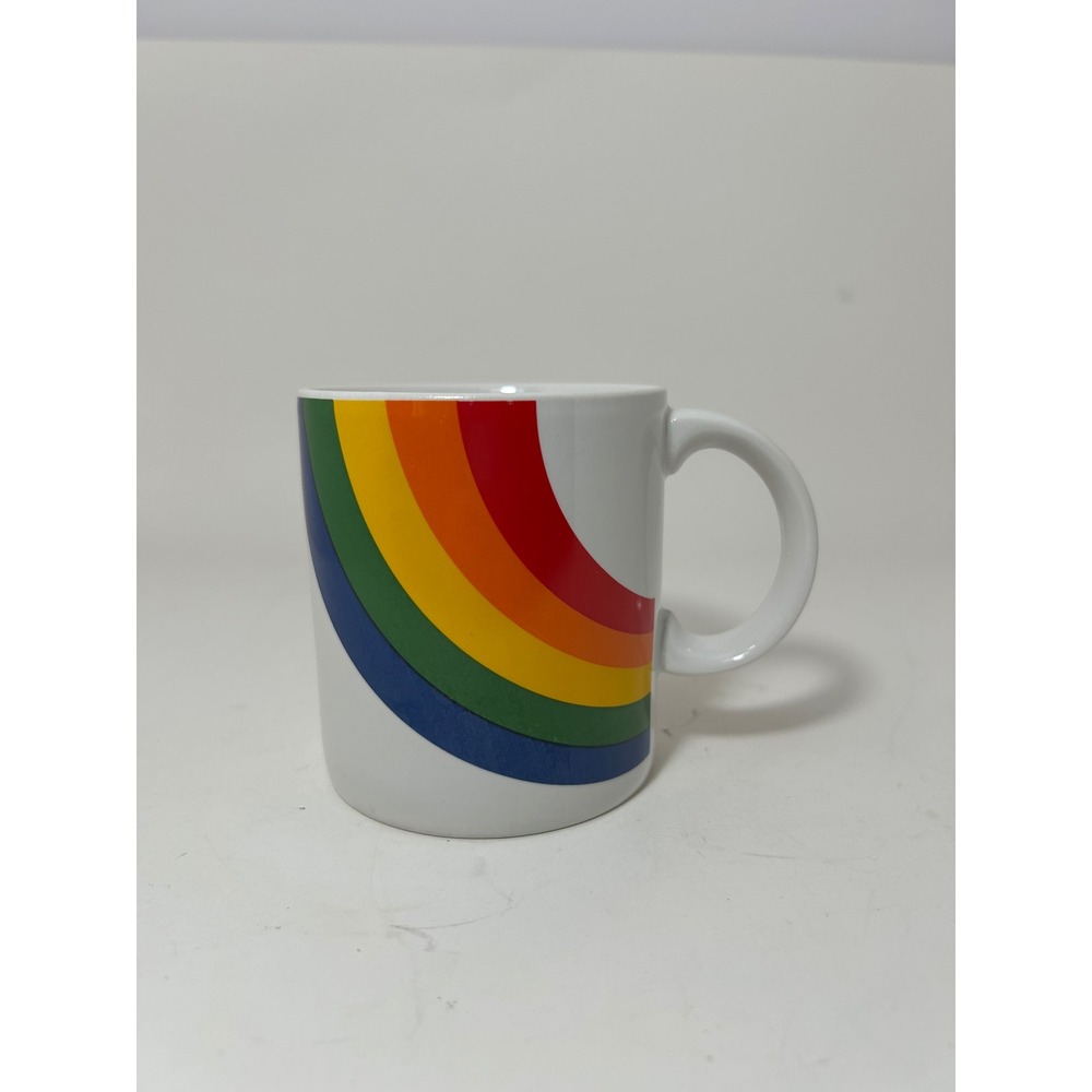 Vintage 1985 FTDA Rainbow Coffee Mug White Ceramic Retro 80 Arched Graphic Korea
